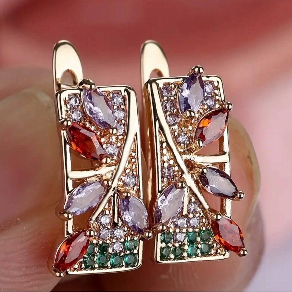 Gold Earrings with Purple and Red Accents.